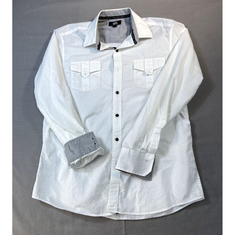 Rock & Republic Shirt Large L Button Pocket Tab Flip Cuffs White Men's Shirt